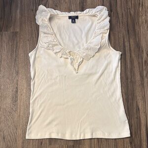 Chaps Cream Ruffled Bib Collar Tank Top